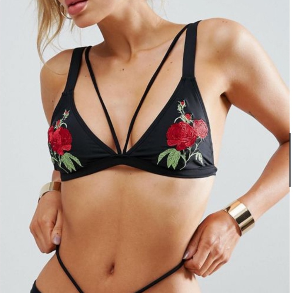MISSGUIDED ROSE EMBROIDERED STRAPPY BIKINI TOP